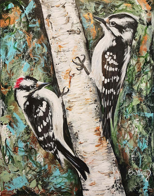 Downy Woodpeckers, Original Acrylic Painting