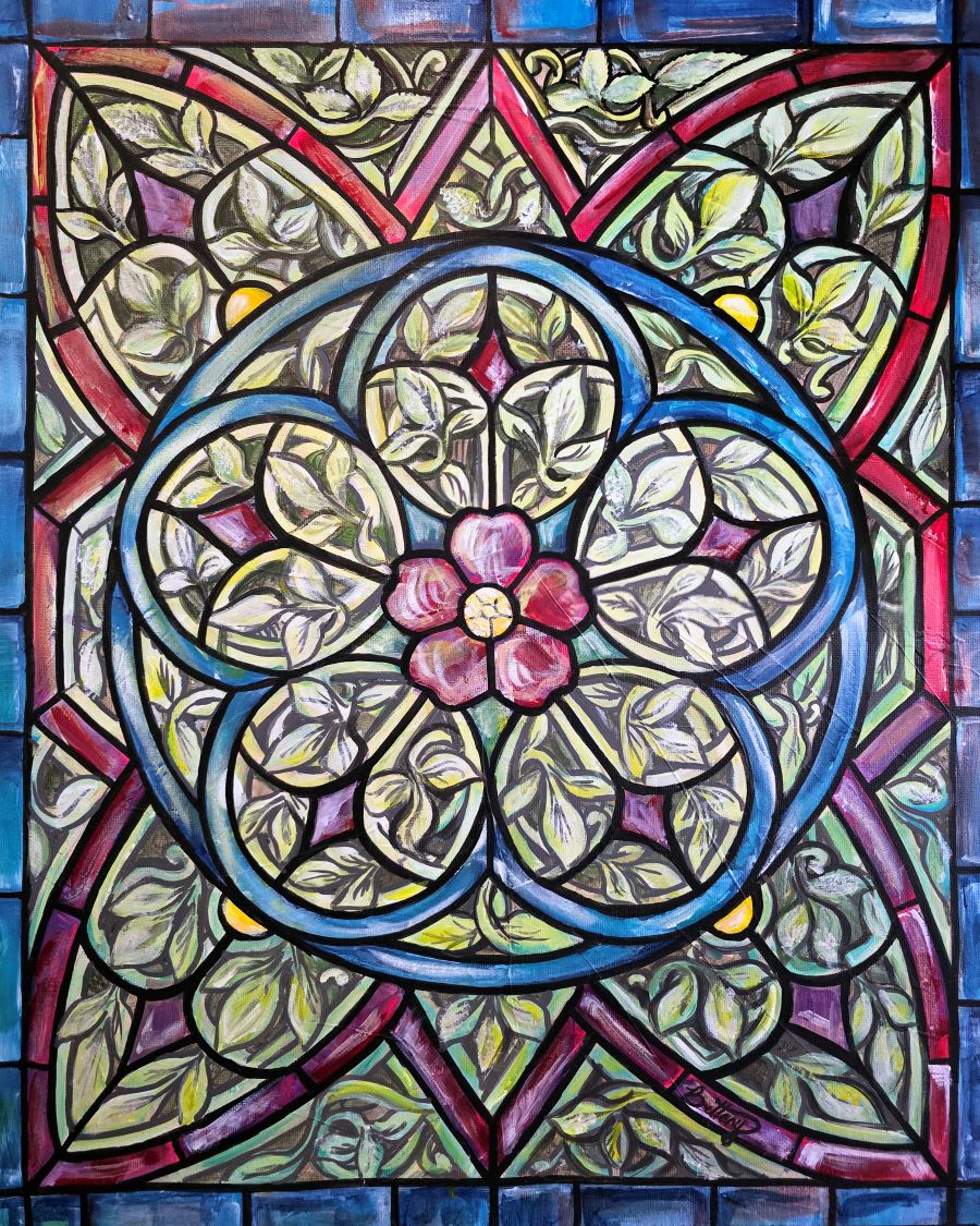 Stained glass window with floral design and geometric patterns