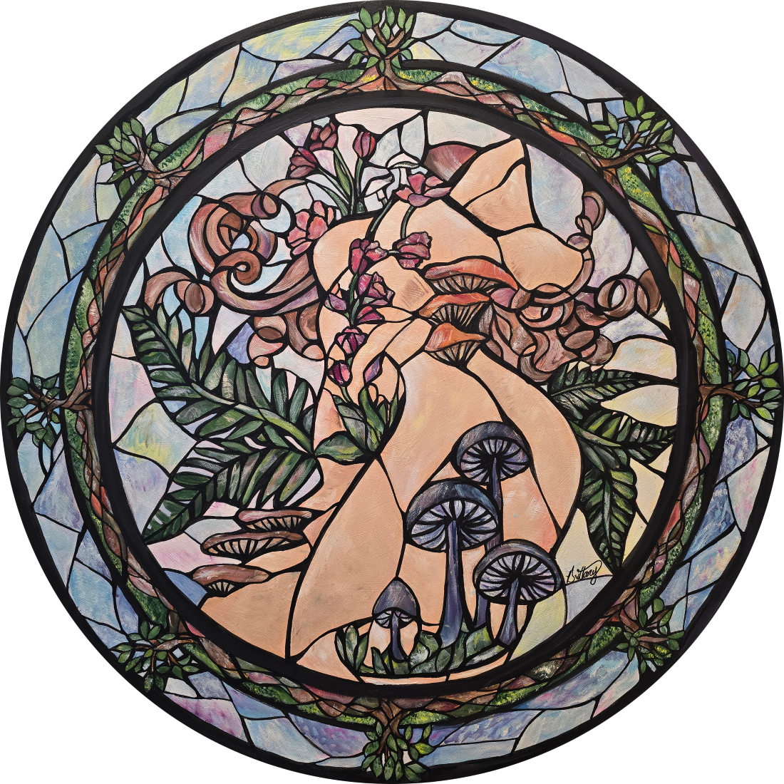 Stylized illustration of a person surrounded by nature elements in a circular frame with stained glass effect.