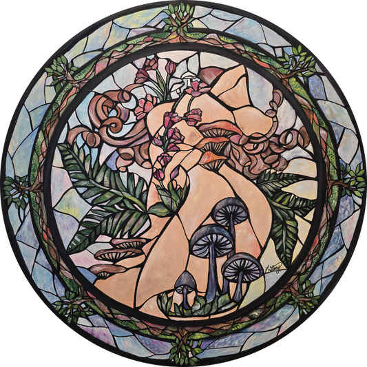 Stylized illustration of a person surrounded by nature elements in a circular frame with stained glass effect.