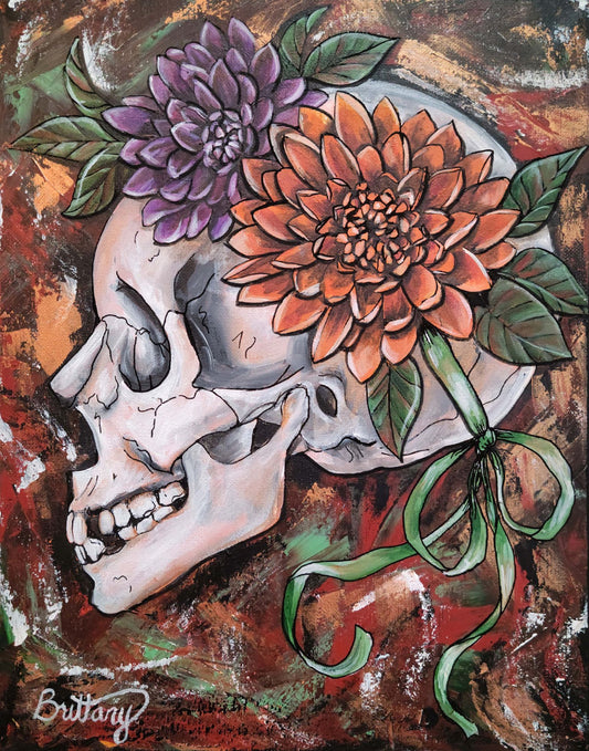 Skull with Dahlias, Original Acrylic Painting