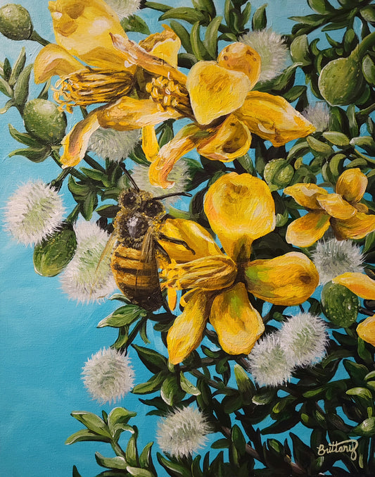 Honeybee on Creosote Bush, Original Acrylic Painting