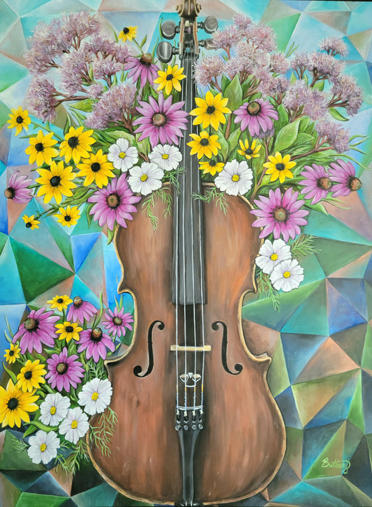 Cello with Wildflowers, Original Acrylic Painting
